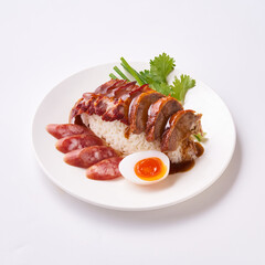 Red pork and crispy pork rice with Chinese sausage and egg on a white plate.