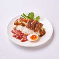 Red pork and crispy pork rice with Chinese sausage and egg on a white plate.