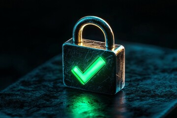 Fototapeta premium A padlock icon with a glowing green checkmark, symbolizing successful cybersecurity verification 