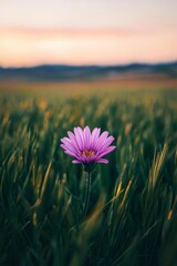 A single vivid purple flower growing in a field of green grass. 