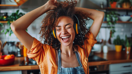 Young adult woman dancing to music while wearing over the ear headphones in the kitchen at home. 