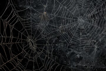 Fototapeta premium Intricate Spider Webs on Dark Background with Subtle Light
