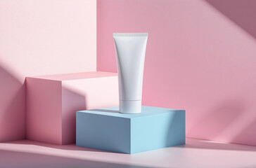 Skincare Tube on Pink and Blue Geometric Background
