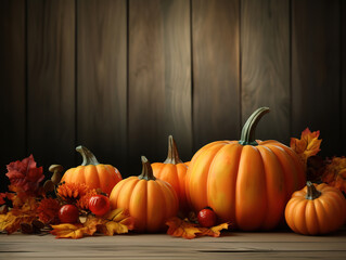 Dried leaves pumpkins flowers rowan Autumn fall halloween thanksgiving day.