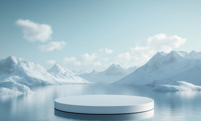 Minimalist White Platform on Serene Mountain Lake
