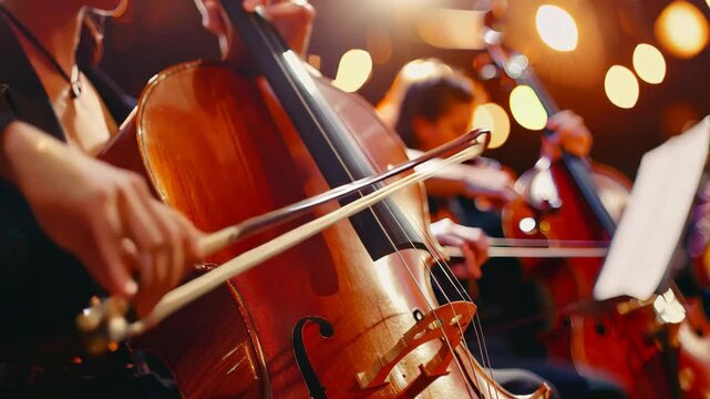 close up shot woman hand playing cello at Symphony concert, Classical music concert performance