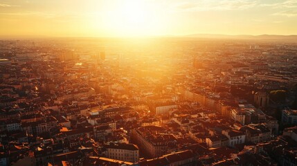 Photo of Bright sunlight shines on a European city, high angle view on a very hot day , heat wave , Generative AI