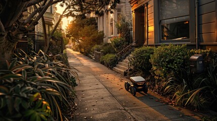 A street with a sidewalk and a house with a porch