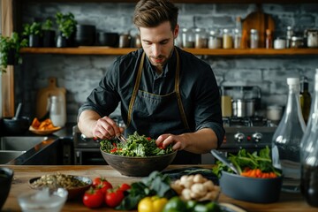 Fototapeta premium Man preparing a salad in a kitchen, adding kale to a bowl.