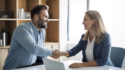 Fototapeta premium A photo of an office worker shaking hands with his female boss in front of her desk, both smiling and looking at each other.