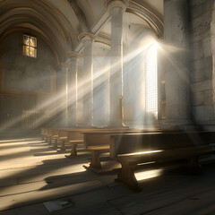 A sunlit church interior with beams of light streaming through the pews,
Rays of the sun light in the mosque window

