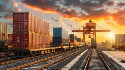 Fototapeta premium A train with a red cargo car is on the tracks