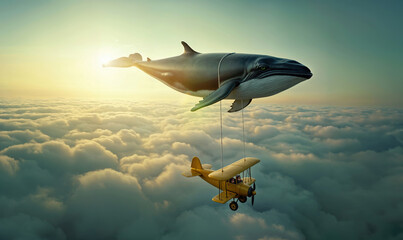 Giant whale flying over the clouds carrying a yellow biplane