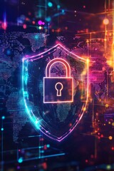 A translucent padlock icon with a digital shield surrounding it, set against a backdrop of a glowing world map 