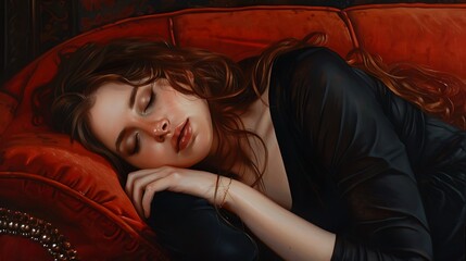 Fototapeta premium Portrait of a woman sleeping on a red couch, her long hair spread out around her. The image is soft and peaceful, with a sense of serenity.