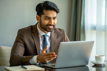 An Indian financial advisor conducting an online webinar or seminar on wealth management strategies.
