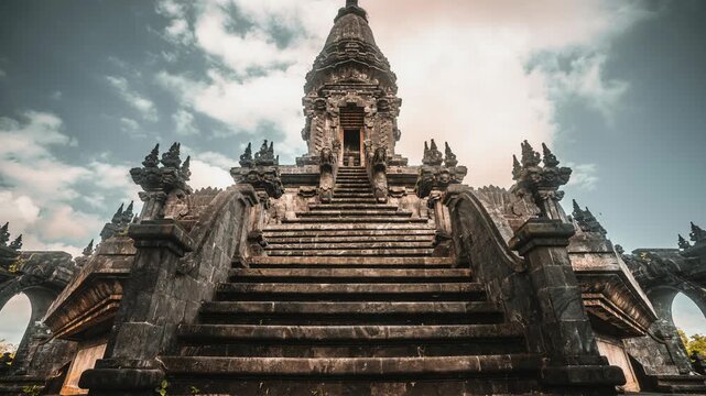 Bajra Sandhi or Monumen Taman Mumbul monument to the struggle for independence in the rays of the rising sun. Bali, Indonesia. 4K Aerial view