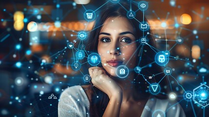 Woman Thinks deeply as digital network icons surround her symbolizing the vastness of the online world.