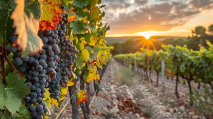Naklejka premium Picturesque rural sunset with workers in vineyards, bathed in sunlight, against mountain backdrop