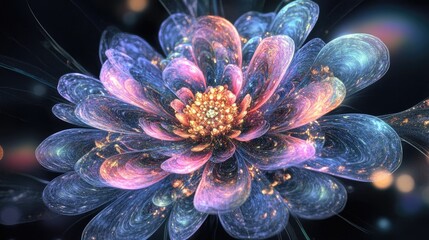 Obraz premium Beautiful digital flower with fractal patterns and iridescent hues, radiating the elegance of mathematical art