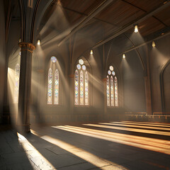 Intricate Gothic arches and stained glass windows,
Christianity and catholicism background interior of ancient catholic church
