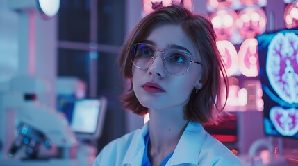 Young Female Doctor wearing glasses is standing in a hospital room with medical equipment and scans in the background. She is looking thoughtfully towards a medical scan.