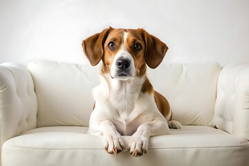 Cute Dog Relaxing on a White Couch.