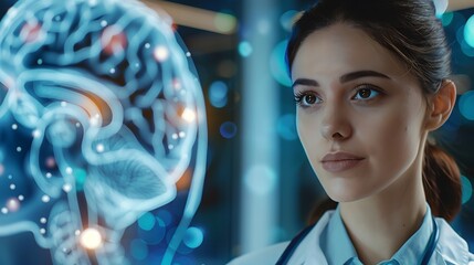Female doctor in a white coat is looking at a digital representation of the human brain, representing healthcare, medical technology and research.