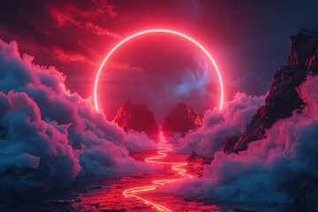 Red neon circle and winding path through clouds and mountains.