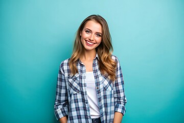 Happy woman in a plaid shirt smiling.