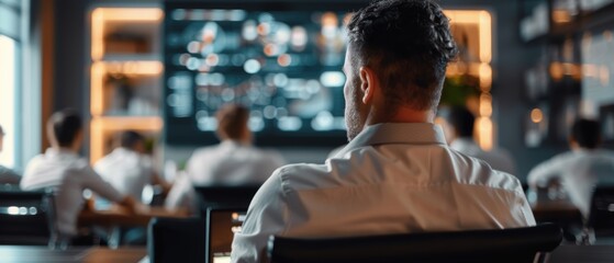 A professional setting showcasing a group meeting with focused attendees engaging with a large screen display.