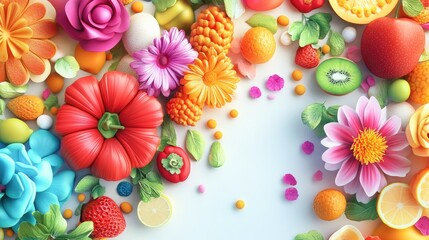 Fototapeta premium Bold and vibrant 3D illustration of fruits, vegetables, and colorful flowers on a clean white background, perfect for magazine covers