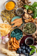 Adaptogen healthy food. Herb and spice collection on light background