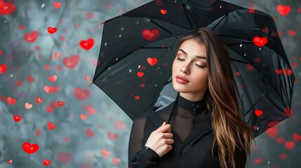 Woman stands under a black umbrella in a studio setting with red hearts falling around her, creating a romantic and dreamy atmosphere.