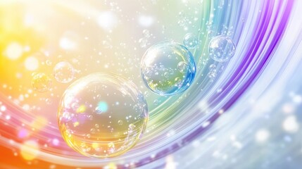 Bright 3D bubbles in a rainbow of colors, drifting on a swirling white lines background, full of motion and vibrant energy