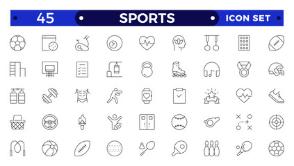 Sports icon set. Containing football, basketball, trophy, competition, medal, gym, volleyball and more.