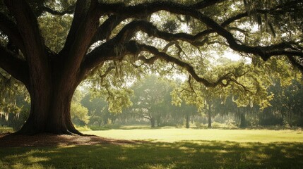 Majestic Oak Tree in a Tranquil Forest Setting