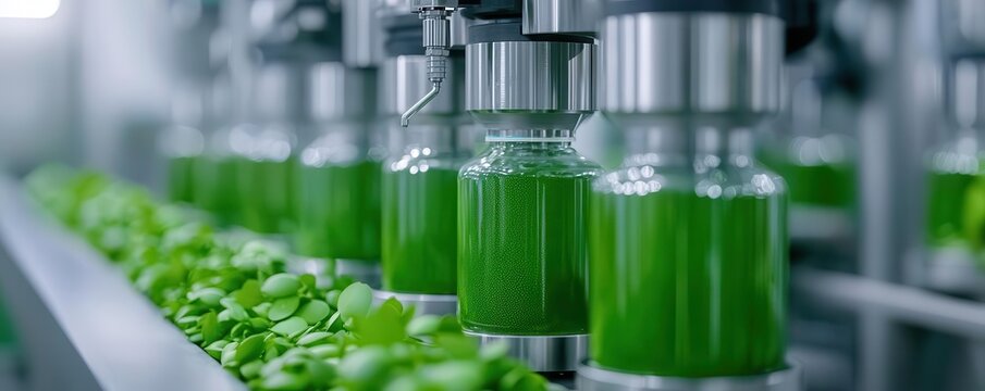 A close-up of algae being processed into bio-plastic, showing the machinery and the raw material, photo-realistic, renewable resource utilization