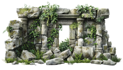 Ancient stone ruins overgrown with lush greenery, creating a mysterious and serene atmosphere perfect for exploration.