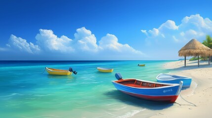 Obraz premium a serene Mexican beach scene, with traditional palapas, colorful boats, and crystal-clear waters, reflecting the beauty and cultural richness of Mexico's coastal regions 