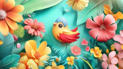 Obraz premium Bright 3D vector showcasing lively small animals and colorful flowers, conveying a happy life, for a magazine cover