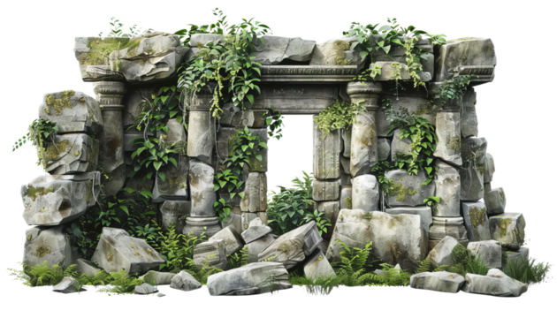 Ancient stone ruins overgrown with lush greenery, creating a mysterious and serene atmosphere perfect for exploration.