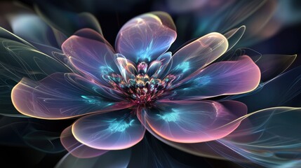 Captivating digital flower in iridescent hues and fractal designs, symbolizing growth and the beauty of mathematics