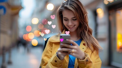 Young Woman in a yellow jacket smiling while reading a message on her phone in a city street.