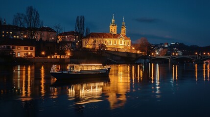 Fototapeta premium Illuminated Church and Boat on a Calm River at Night