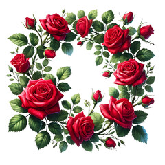 Beautiful illustration of a wreath made of vibrant red roses and lush green leaves transparent background, PNG