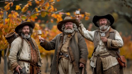 Obraz premium Peasants celebrating successful harvest, raising wine glasses in joy amidst grapevines