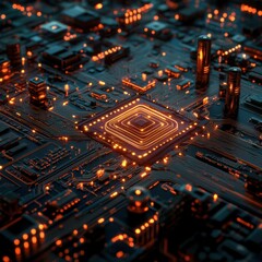 Obraz premium A futuristic cityscape resembling a circuit board, with illuminated pathways and structures, representing technology, connectivity, and cutting-edge digital infrastructure.