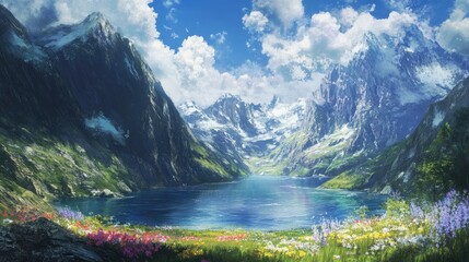 Fototapeta premium beautiful mountain landscape with lake and flowers and clouds