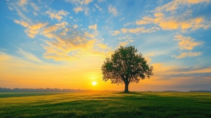 Sunrise over a field with a lone tree